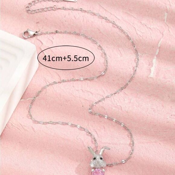 Silver and Pink Easter Bunny Pendant Necklace - Picture 3 of 10